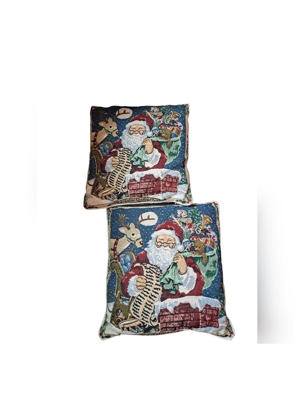VTG SANTA CLAUS tapestry cushions roped edging zip closure Holiday decor Set 2